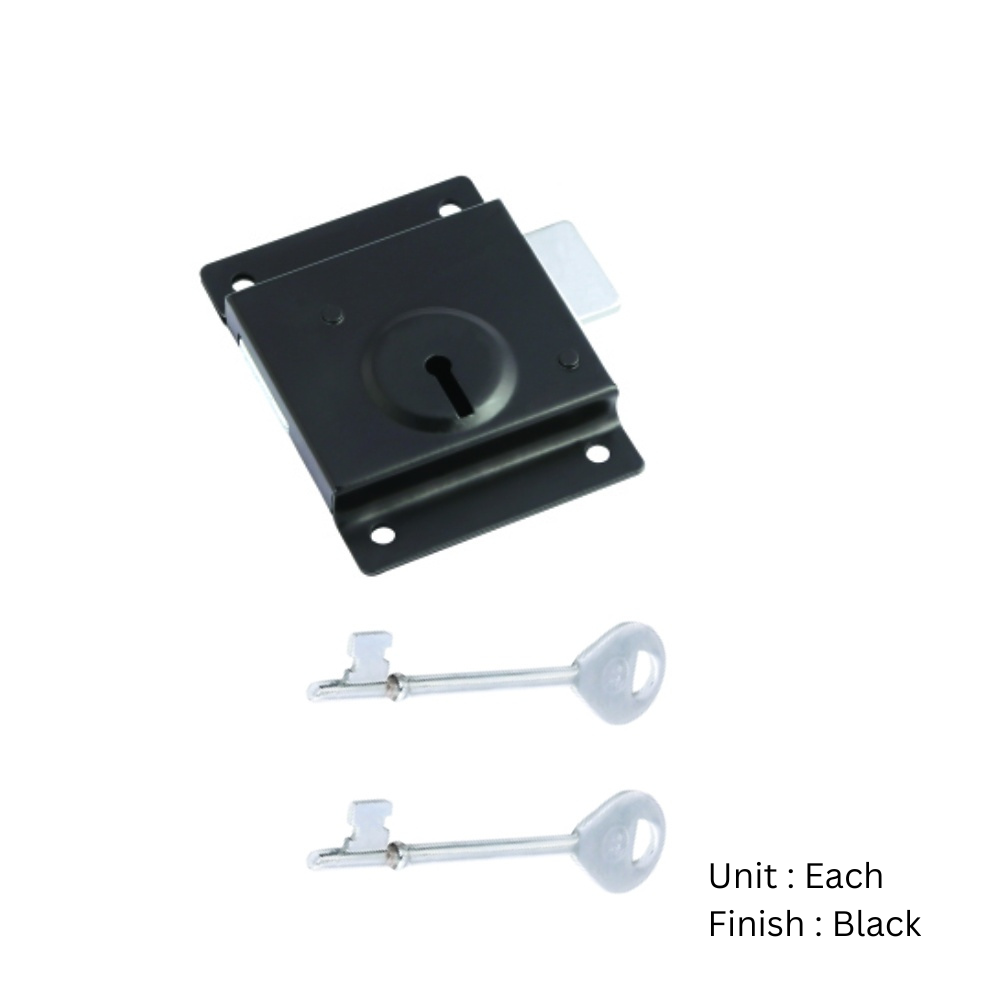 Press Lock C/W 2 Long Keys 76mm Epoxy Black Each 2 Press Lock C/W 2 Long Keys 76mm Epoxy Black Each
