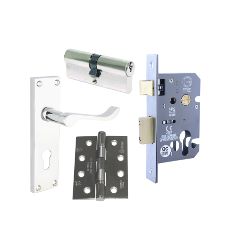 Euro Lock Pack Chrome (Lock Handle, Sash Lock 3", 40/40 K/T Cyl, Ce11 4" Hinges) Chrome Plated Pack 1 Euro Lock Pack Chrome (Lock Handle, Sash Lock 3", 40/40 K/T Cyl, Ce11 4" Hinges) Chrome Plated Pack
