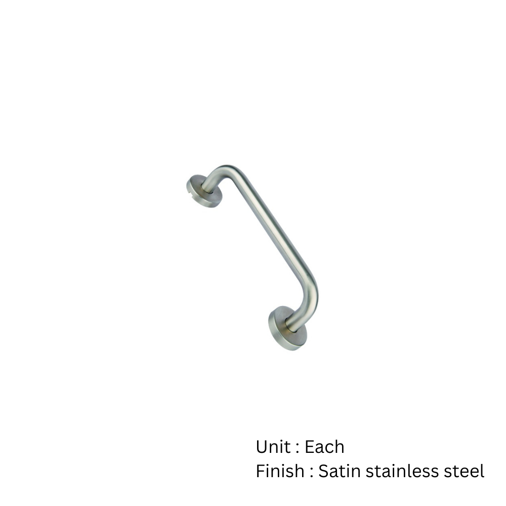 Stainless Steel Round Bar Pull Handle C/W Rose - Brass Insert 225 X 19mm Satin Stainless Each 2 Stainless Steel Round Bar Pull Handle C/W Rose - Brass Insert 225 X 19mm Satin Stainless Each