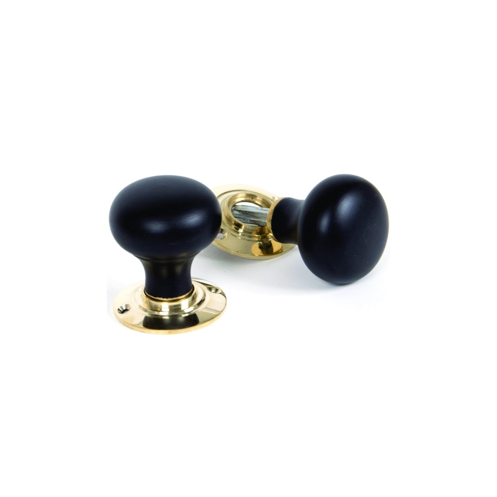 Ebony Bun Wooden Mortice Knob 55mm Antique Brass Plate Set 1 Ebony Bun Wooden Mortice Knob 55mm Antique Brass Plate Set