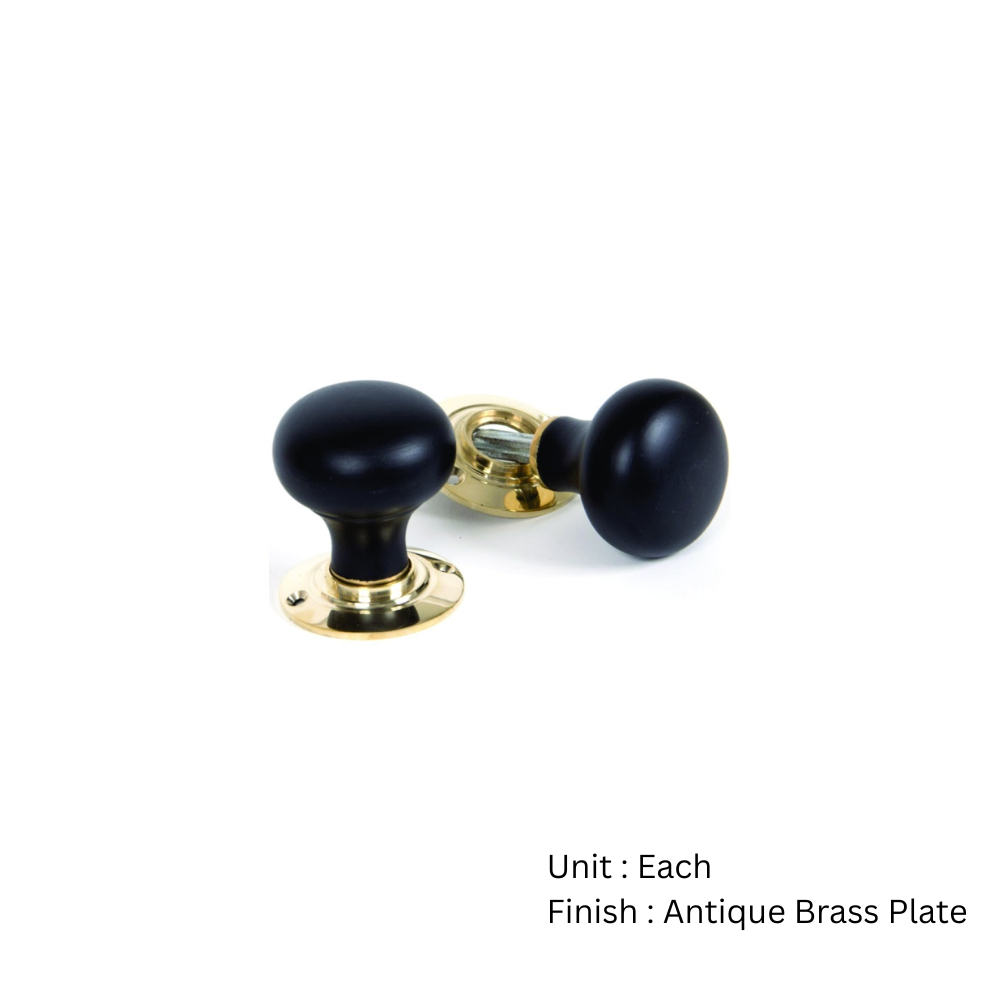 Ebony Bun Wooden Mortice Knob 55mm Antique Brass Plate Set 2 Ebony Bun Wooden Mortice Knob 55mm Antique Brass Plate Set