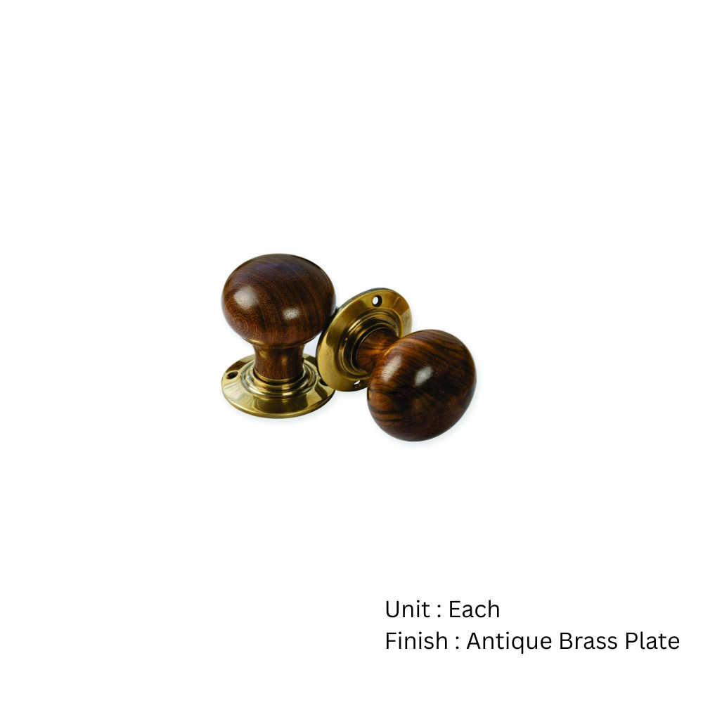 Rosewood Bun Wooden Mortice Knob 55mm Antique Brass Plate Set 2 Rosewood Bun Wooden Mortice Knob 55mm Antique Brass Plate Set