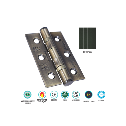 Mild Steel 2 Ball Bearing Hinge - CE7 1 1/2 Pair C/W Intumescent 76 X 51mm Pads With Bright Zinc and Polished Chrome Finish 2 Mild Steel 2 Ball Bearing Hinge - CE7 1 1/2 Pair C/W Intumescent 76 X 51mm Pads With Bright Zinc and Polished Chrome Finish