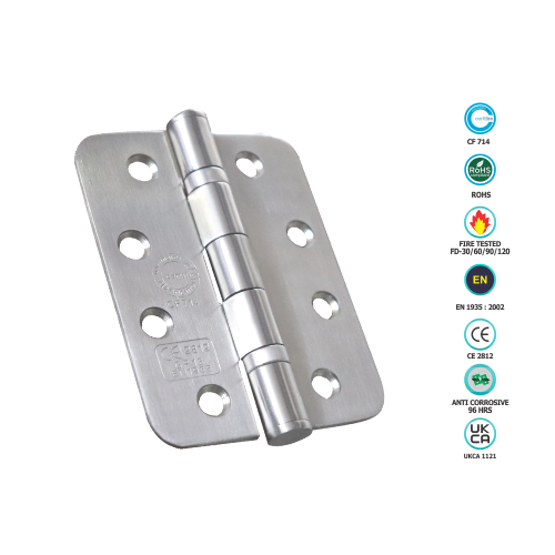 Stainless Steel Ball Bearing Hinge - Pair - CE13 Radius Corner 100 X 76 X 3mm with Satin and Polished Finish 2 Stainless Steel Ball Bearing Hinge - Pair - CE13 Radius Corner 100 X 76 X 3mm with Satin and Polished Finish