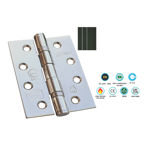 Stainless Steel Ball Bearing Hinge - 1 1/2 Pair C/W Intumescent Ce13 100 X 76 X 3mm Satin and Polished Pair 2 Stainless Steel Ball Bearing Hinge - 1 1/2 Pair C/W Intumescent Ce13 100 X 76 X 3mm Satin and Polished Pair
