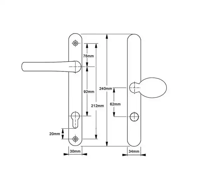 Pro Secure TS007 2* Lever Moveable Pad UPVC Multipoint Door Handles - 92/62mm PZ Sprung 212mm Screw Centres