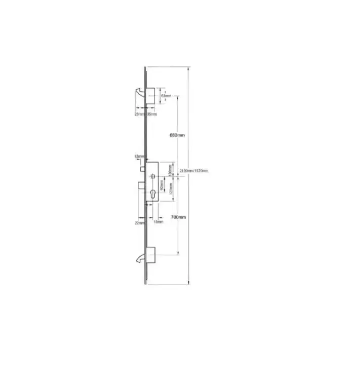 Latch Deadbolt 2 Small Hooks Split Spindle Multipoint Door Lock - 20mm Faceplate - Option 3 (top hook to spindle = 680mm)