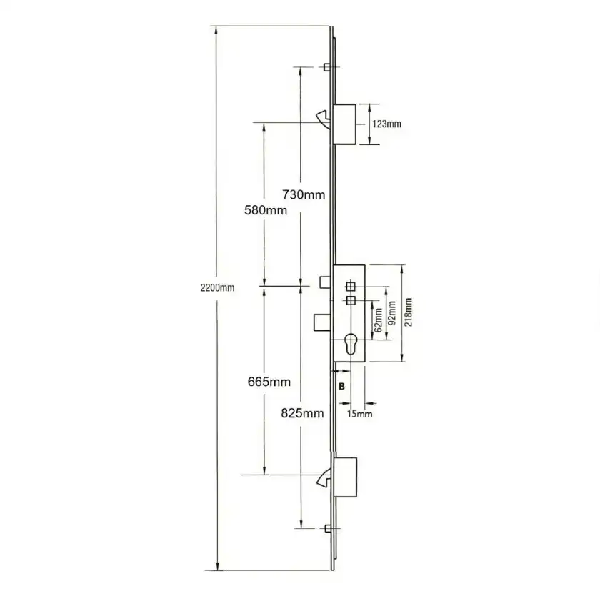 Latch Deadbolt 2 Hooks 2 Rollers Double Spindle Multipoint Door Lock (top roller to spindle = 730mm) - Shootbolt Compatible