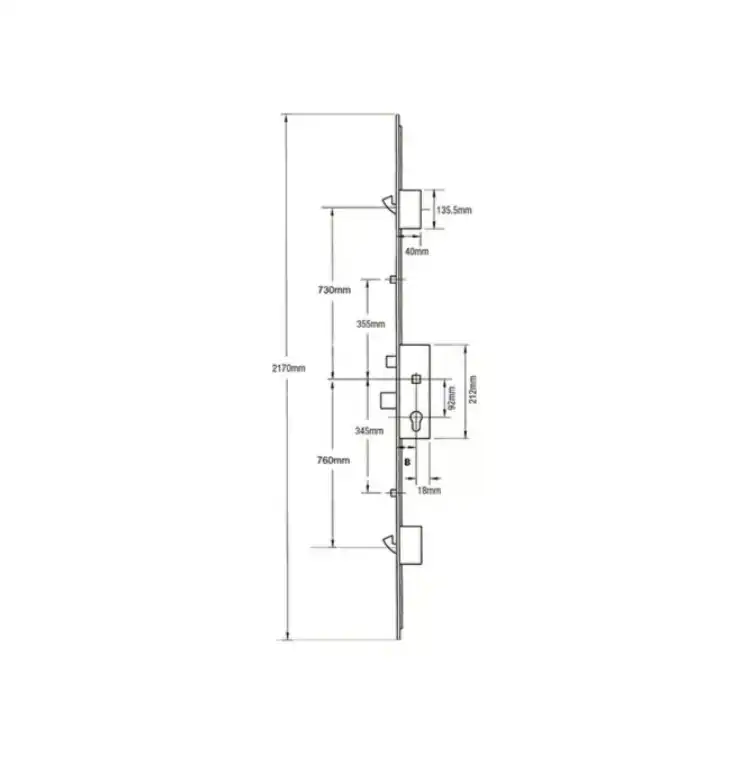 Latch Deadbolt 2 Rollers 2 Hooks Key Wind Operated Multipoint Door Lock (top hook to spindle = 730mm)