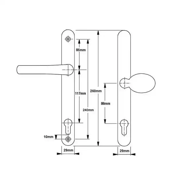 Lever Moveable Pad UPVC Multipoint Door Handles - 117mm/86mm PZ Sprung 237mm Screw Centres