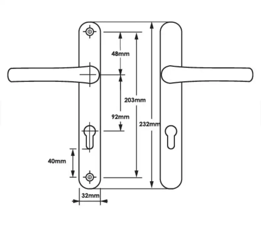 Lever UPVC Multipoint Door Handles - 92mm PZ - Sprung - 203mm Screw Centres - 232mm Backplate