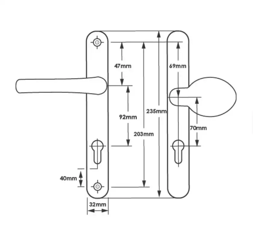 Lever Moveable Pad Offset UPVC Multipoint Door Handles - 92/70mm PZ - Sprung - 203mm Screw Centres