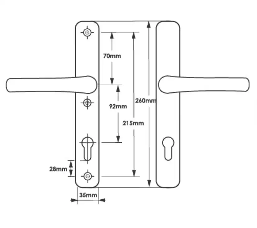 Lever UPVC Multipoint Door Handles - 92mm PZ Sprung - 215mm Screw Centres - 260mm Long Backplate - 3x Fixing Points