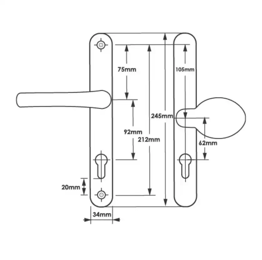 Lever Moveable Pad UPVC Multipoint Door Handles - 92mm/62mm PZ Sprung 212mm Screw Centres