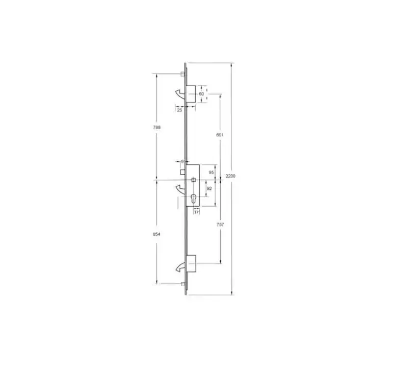 YS170 Latch 3 Hooks 2 Rollers 16mm Square Faceplate Multipoint Door Lock - 2200mm